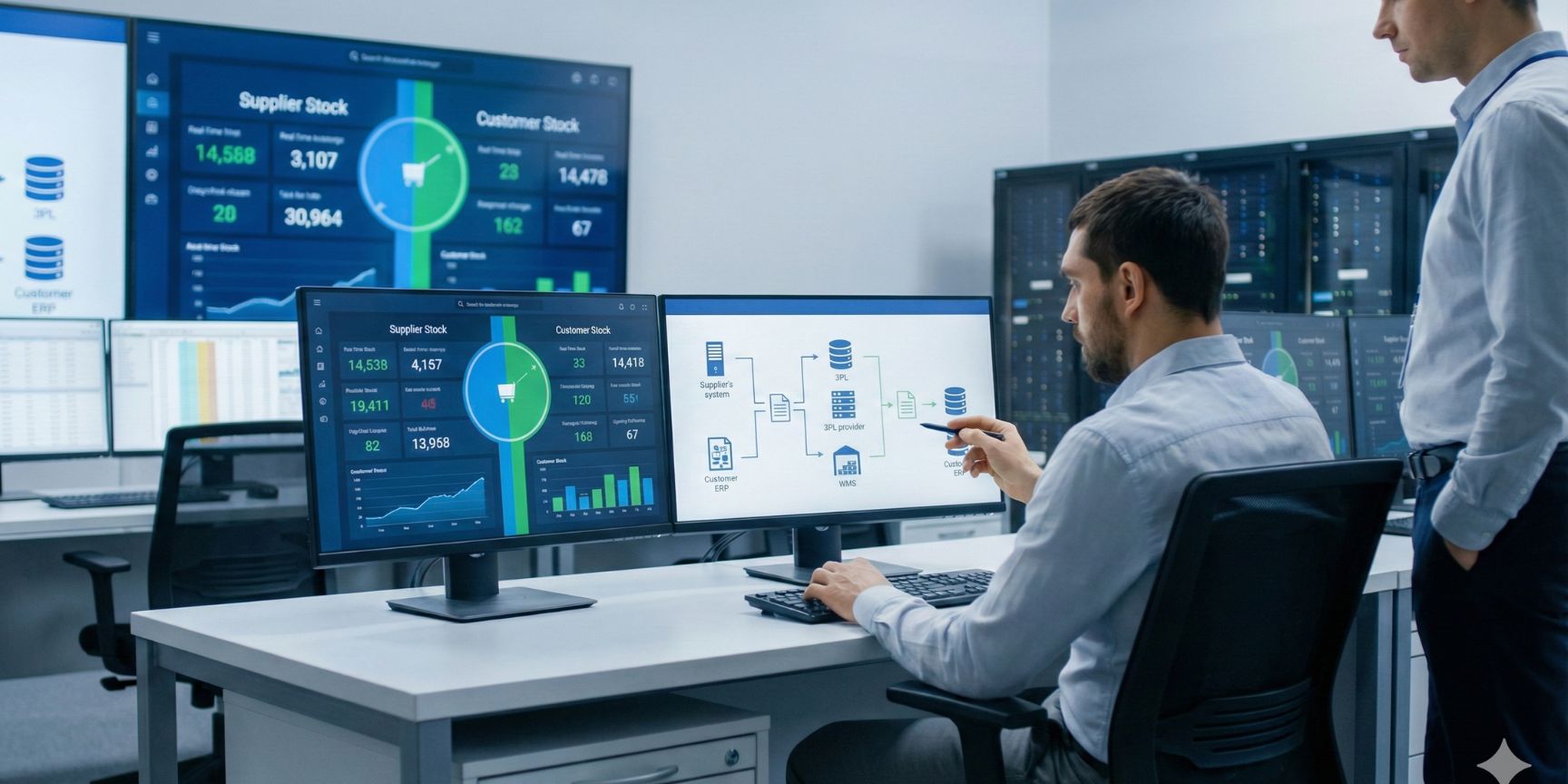 Moderne Logistik-Leitwarte mit Bildschirmen, die Daten zu Lieferanten- und Kundenbeständen sowie den Informationsfluss in der Kontraktlogistik anzeigen.